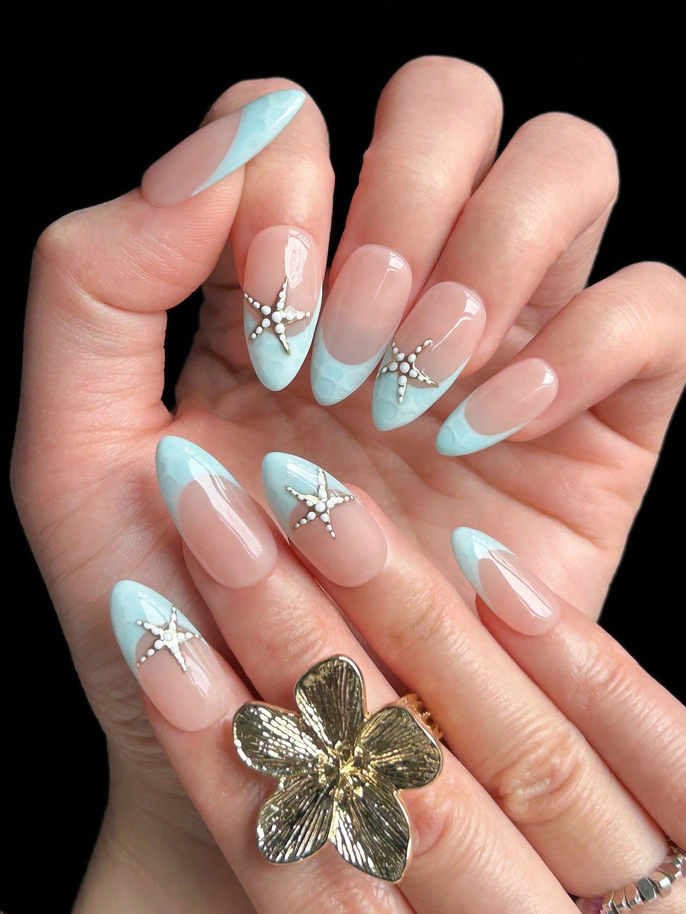 Blue Wavy Starfish Almond Press-On Nails (10pcs)