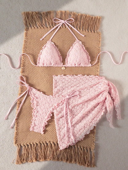 Yellow Floral Textured 3-Piece Pearl Bikini Set