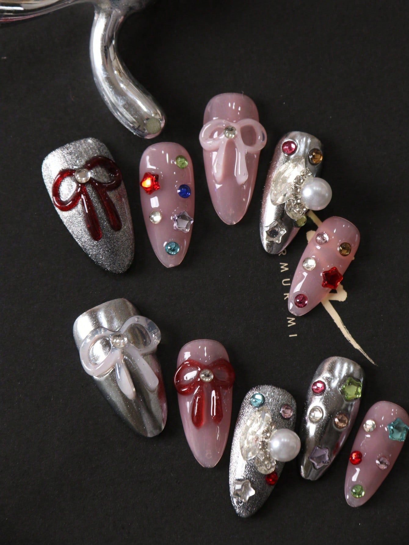 10pcs Bow Tie & Stars Silvery Pink Press On Nails