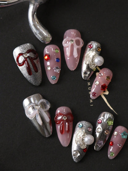 10pcs Bow Tie & Stars Silvery Pink Press On Nails