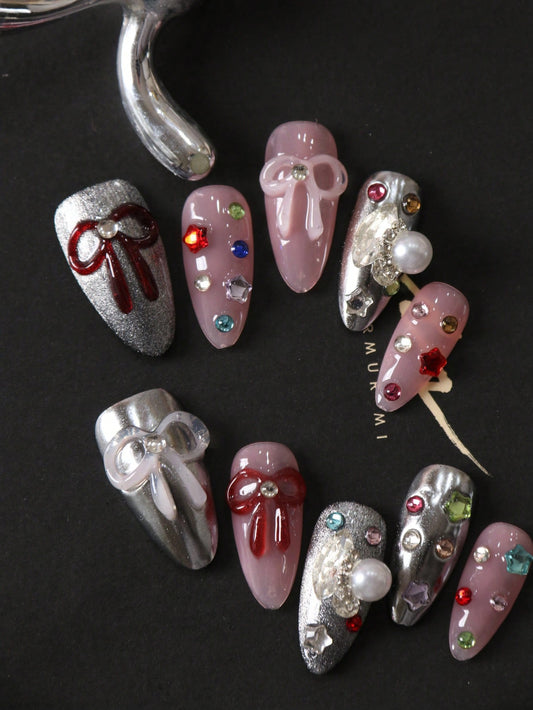 10pcs Bow Tie & Stars Silvery Pink Press On Nails