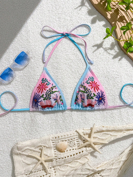 Embroidered Ombre Floral Beaded Triangle Bikini