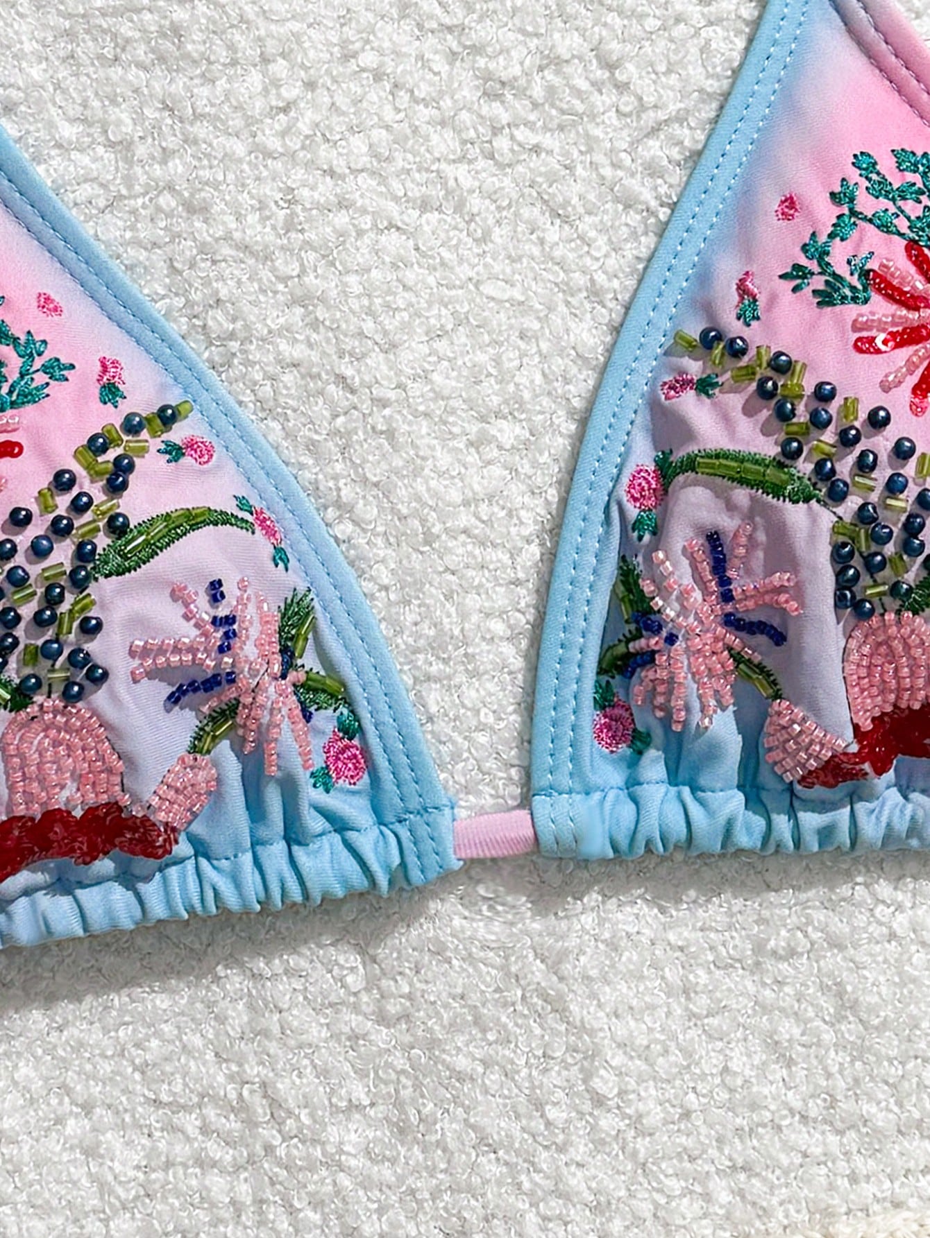 Embroidered Ombre Floral Beaded Triangle Bikini