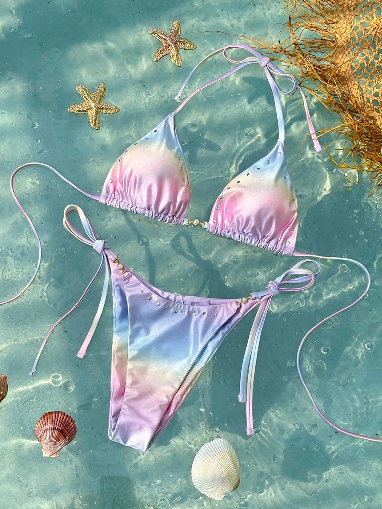Sexy Ombre Bikini with Pearl Decor Beach Swimwear