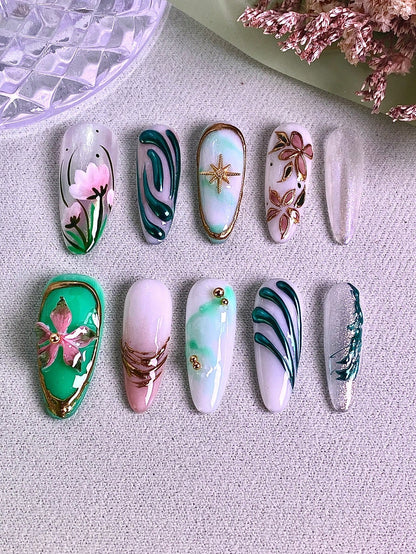 10pcs Handmade Pink & Green Floral Press-On Nails