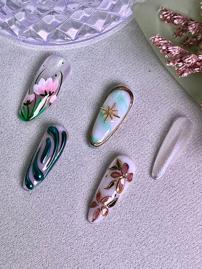 10pcs Handmade Pink & Green Floral Press-On Nails