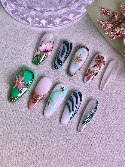 10pcs Handmade Pink & Green Floral Press-On Nails
