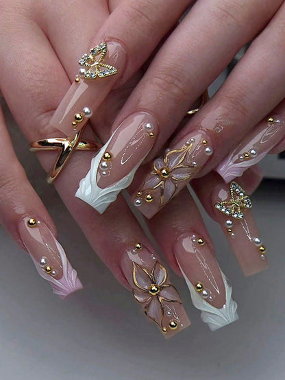 3D Floral Pearl Long Square Press-On Nails Set