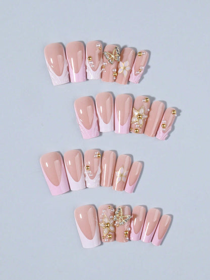 3D Floral Pearl Long Square Press-On Nails Set
