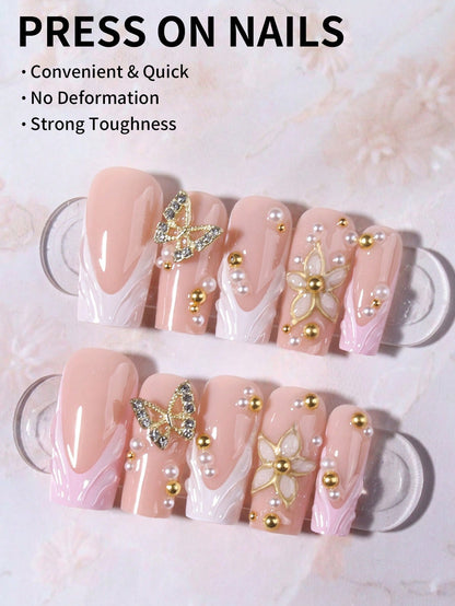 3D Floral Pearl Long Square Press-On Nails Set