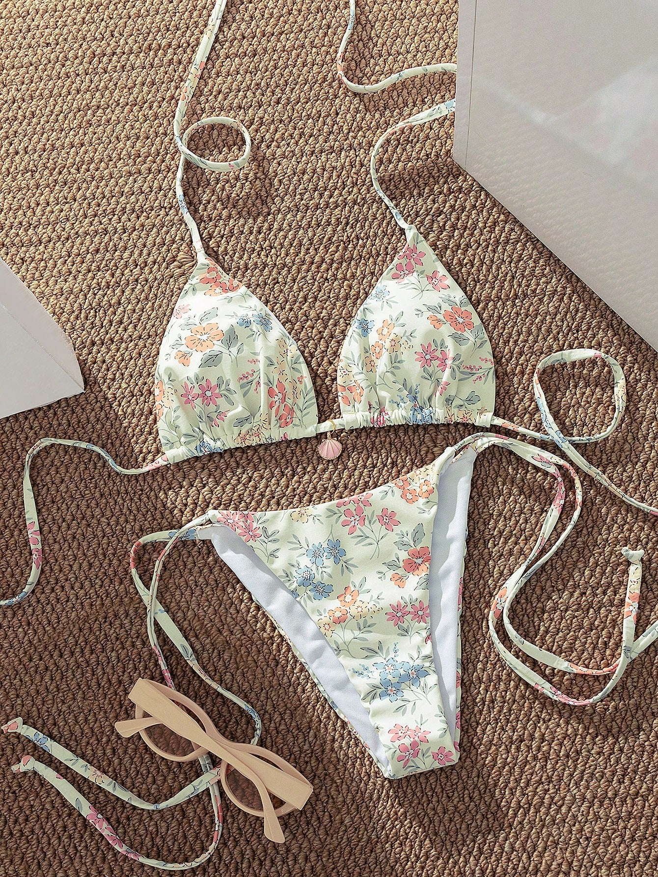French Floral Halter Neck Tie-Up Bikini Swimwear