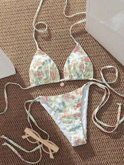 French Floral Halter Neck Tie-Up Bikini Swimwear
