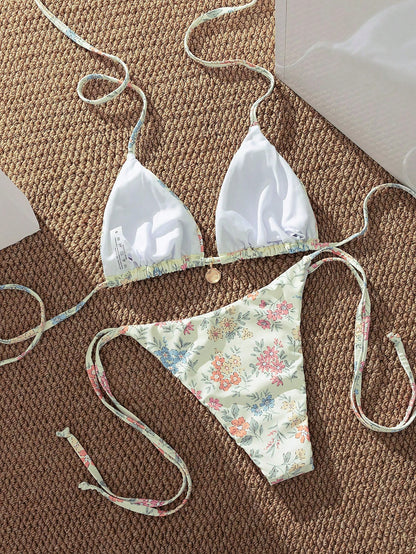 French Floral Halter Neck Tie-Up Bikini Swimwear