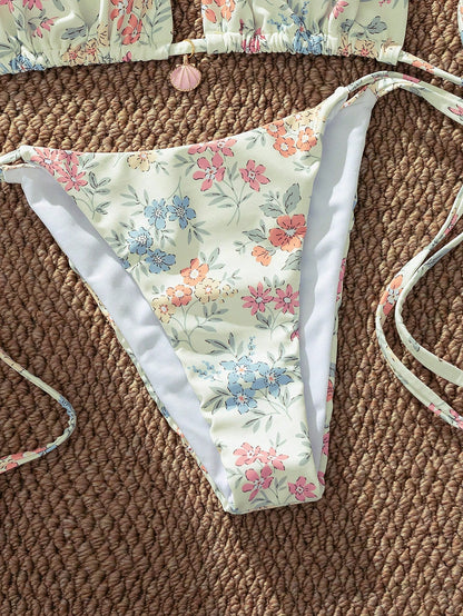 French Floral Halter Neck Tie-Up Bikini Swimwear