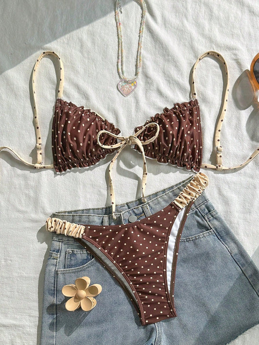Vintage Polka Dot Ruffled Halter Bikini Set