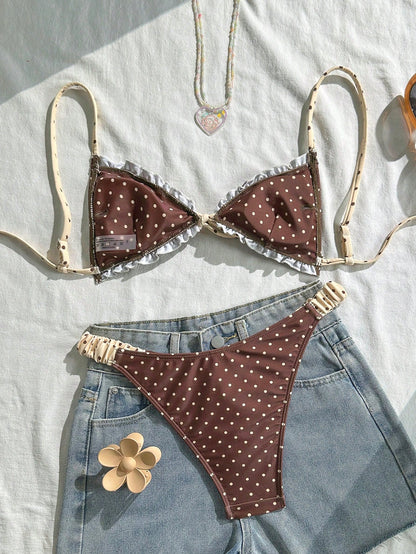 Vintage Polka Dot Ruffled Halter Bikini Set