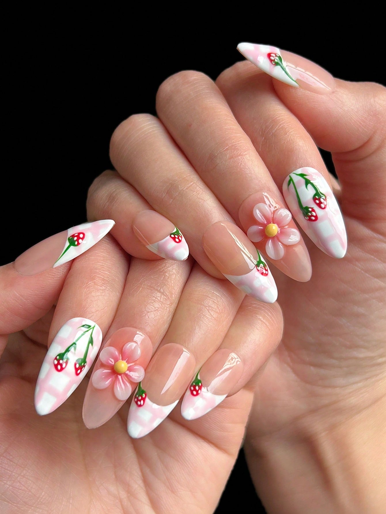 Handmade 3D Floral & Strawberry Almond Press-On Nails