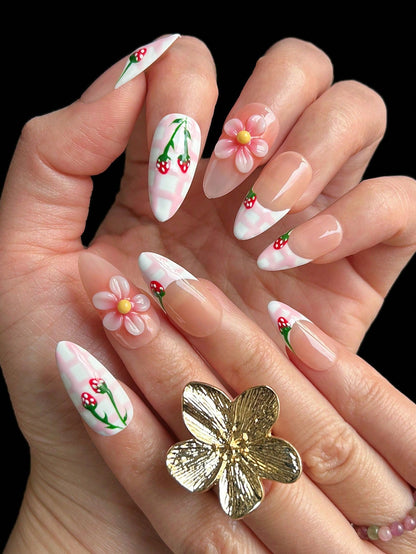 Handmade 3D Floral & Strawberry Almond Press-On Nails