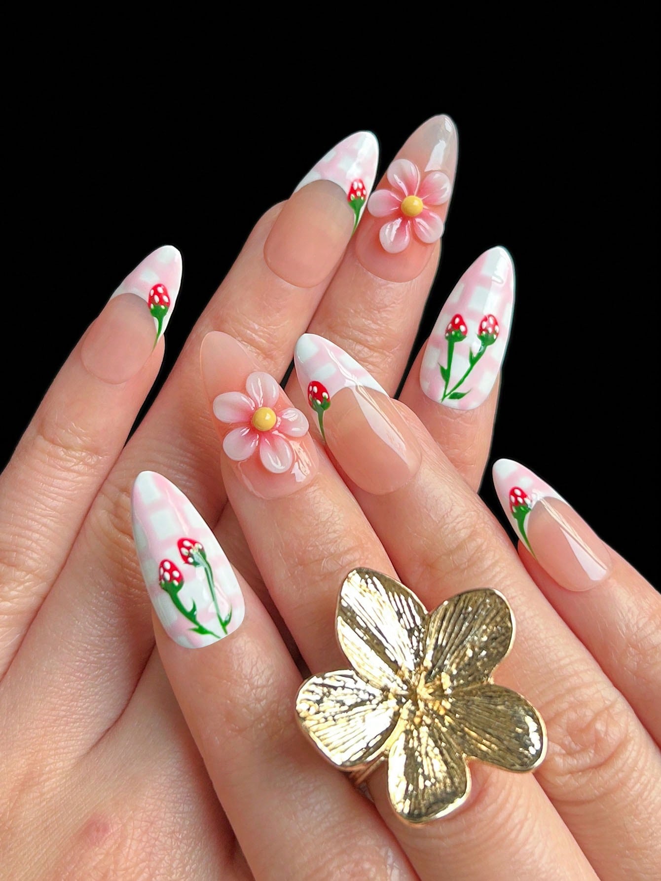 Handmade 3D Floral & Strawberry Almond Press-On Nails