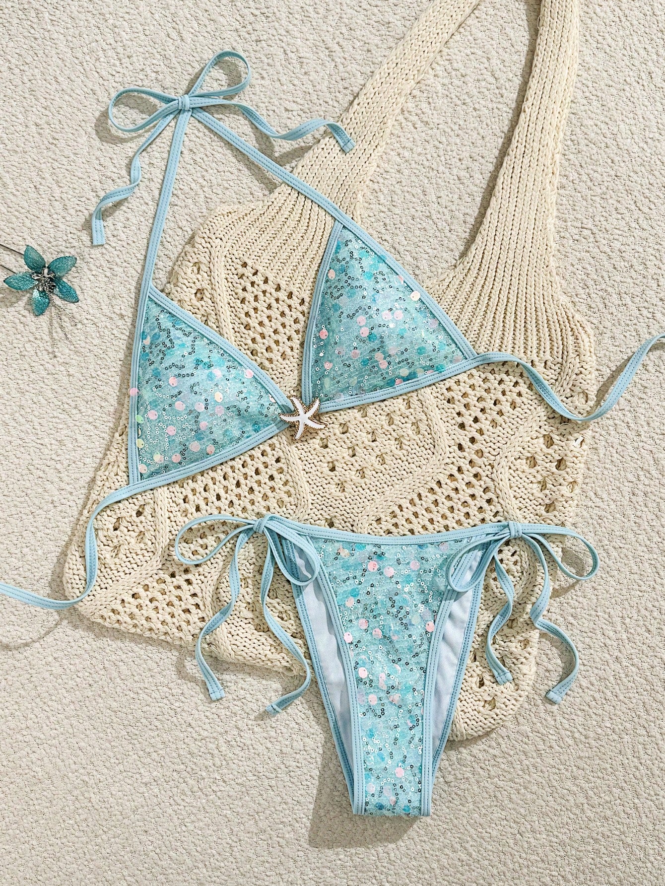 Champagne Sequin High-Cut Side-Tie Bikini Set