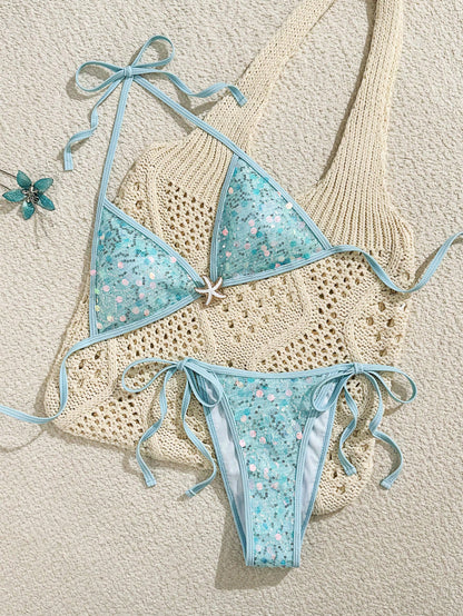 Champagne Sequin High-Cut Side-Tie Bikini Set