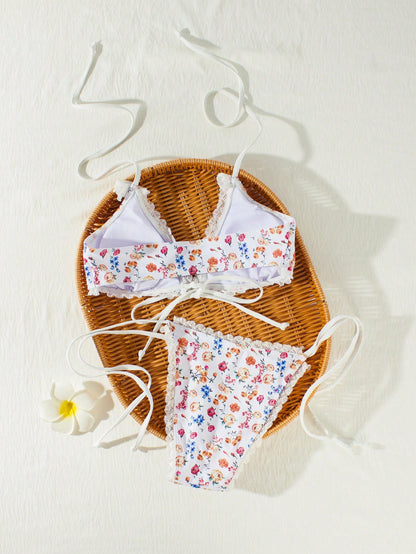 Colorful Print Textured Fabric Two-Piece Bikini Set