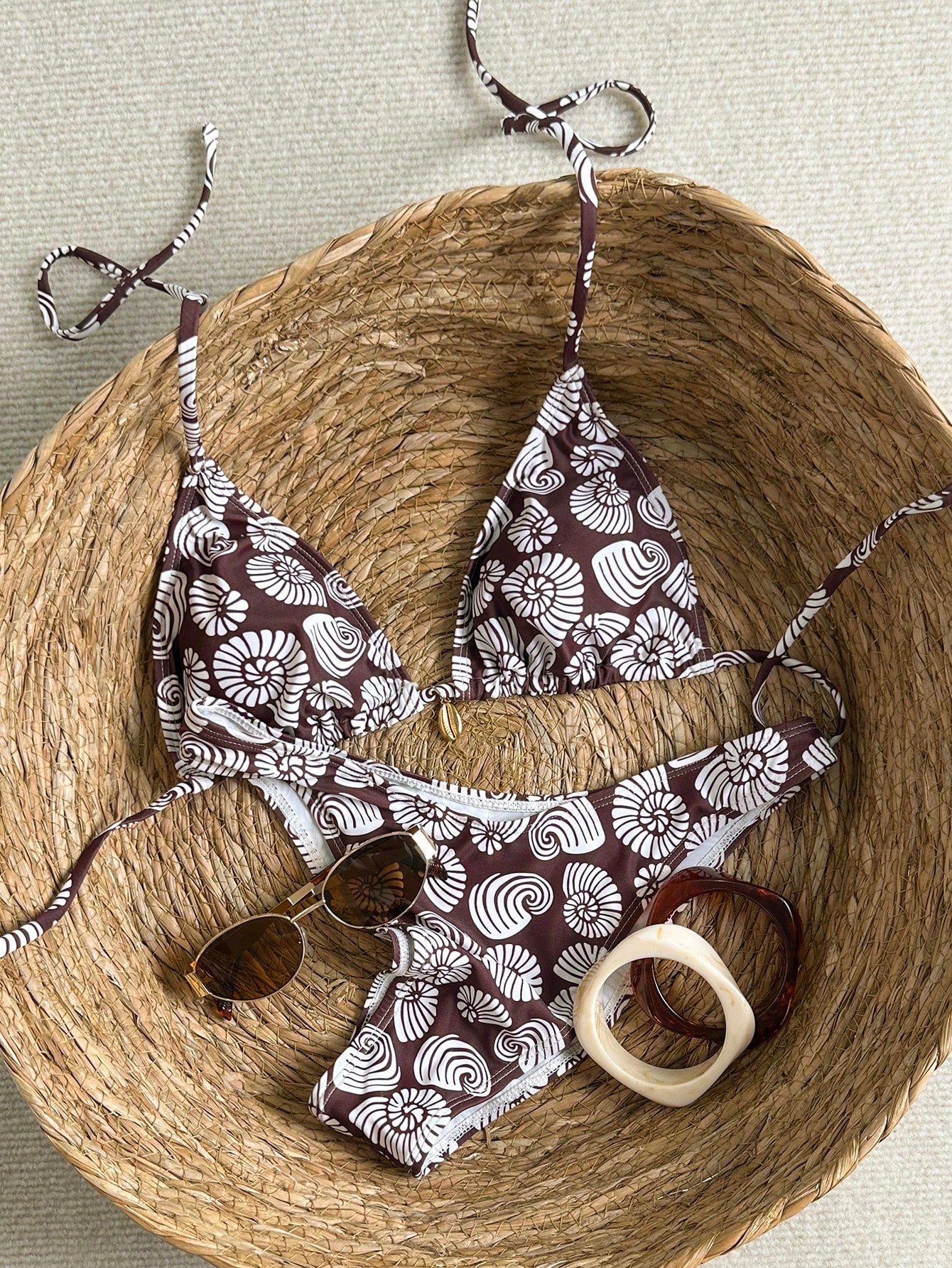 Shell Print Bikini Set with Metal Pendant