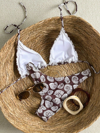 Shell Print Bikini Set with Metal Pendant