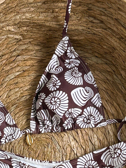 Shell Print Bikini Set with Metal Pendant
