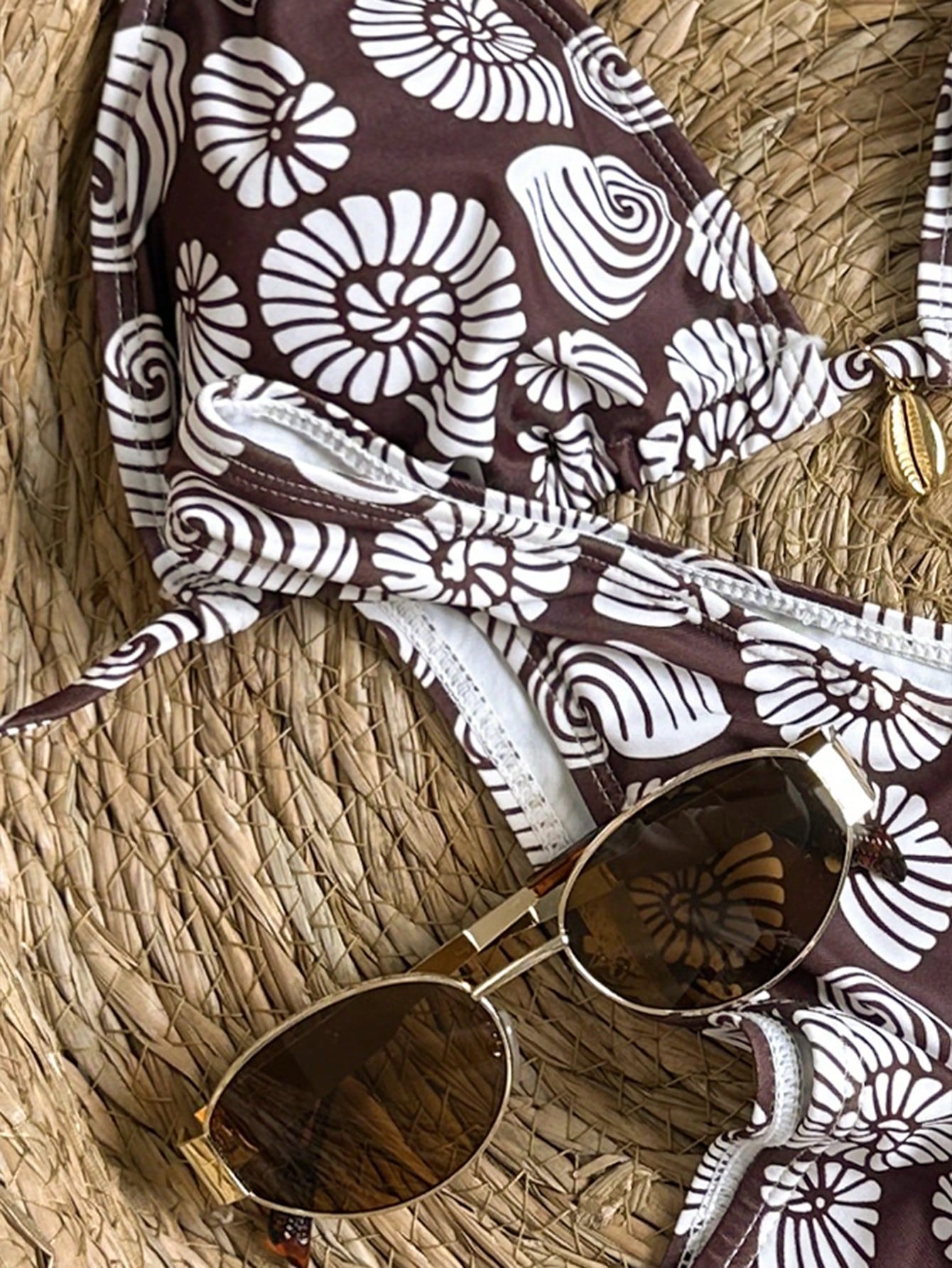 Shell Print Bikini Set with Metal Pendant