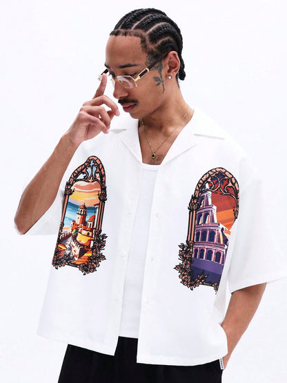Oversized Gothic Architecture Print White Shirt