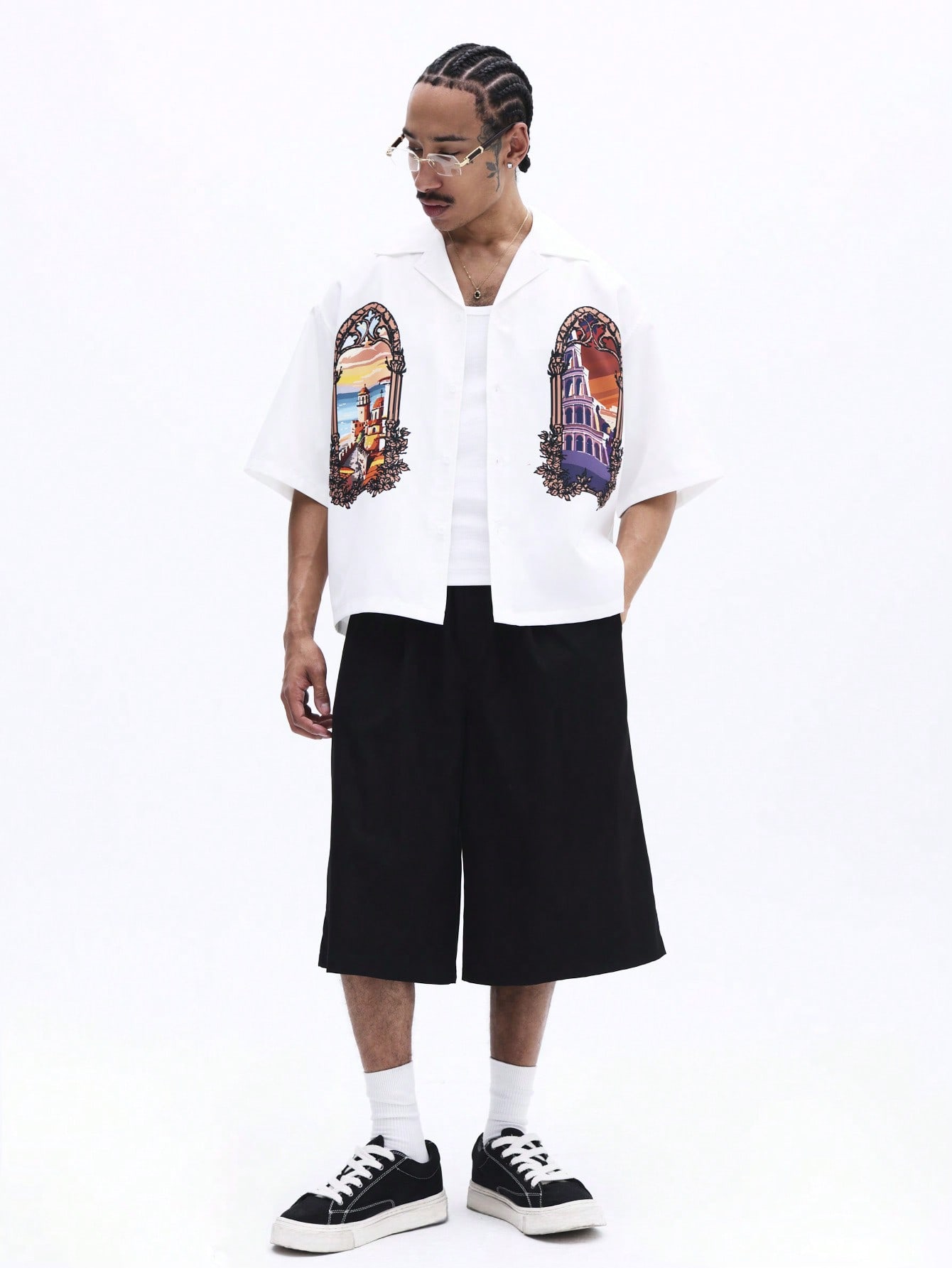Oversized Gothic Architecture Print White Shirt