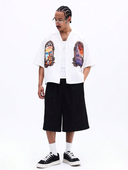 Oversized Gothic Architecture Print White Shirt