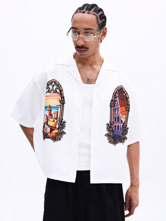 Oversized Gothic Architecture Print White Shirt