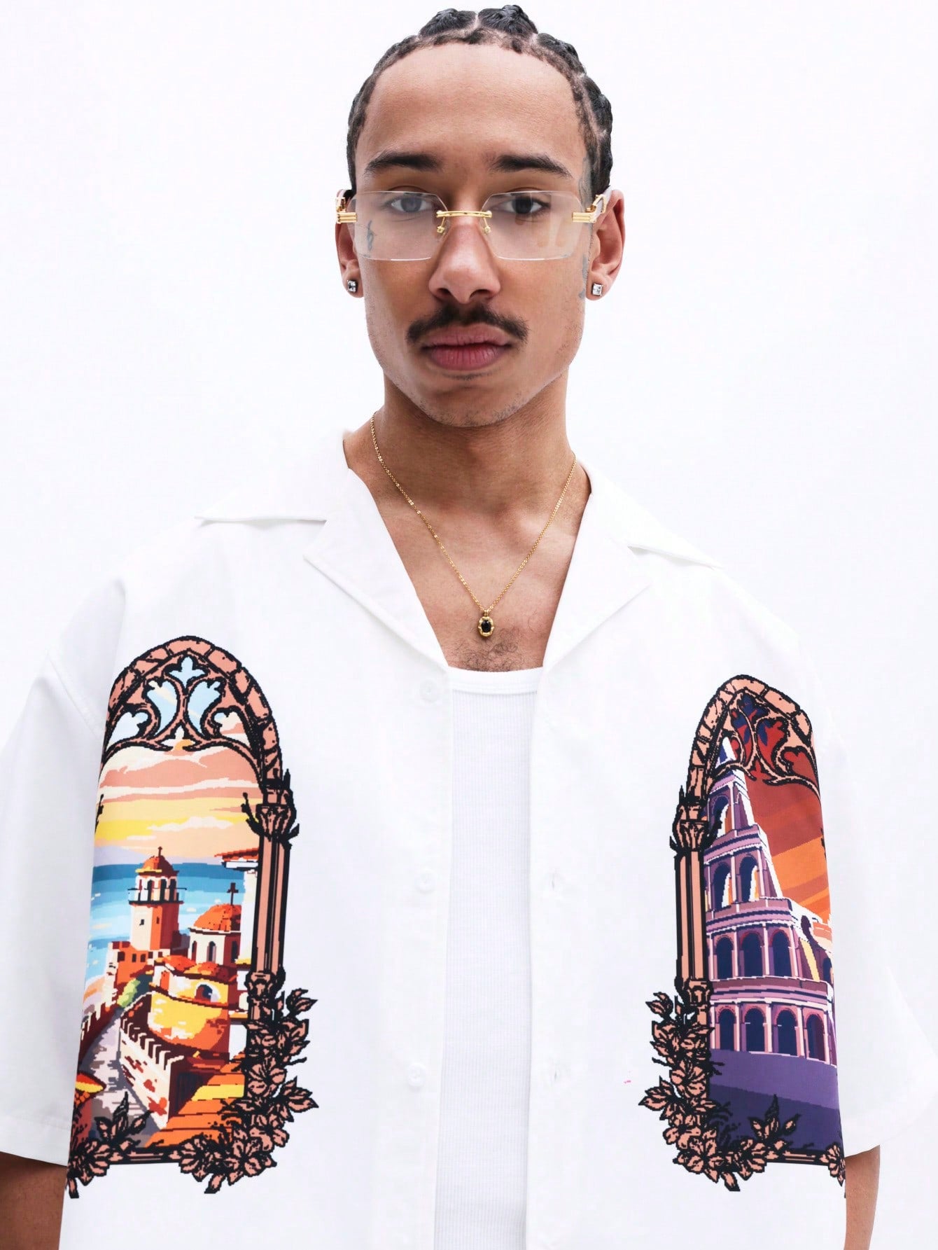 Oversized Gothic Architecture Print White Shirt
