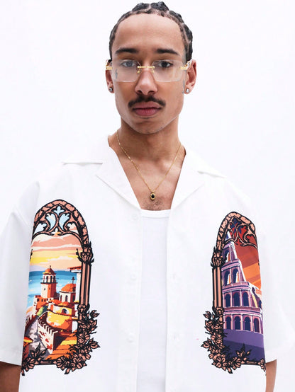 Oversized Gothic Architecture Print White Shirt