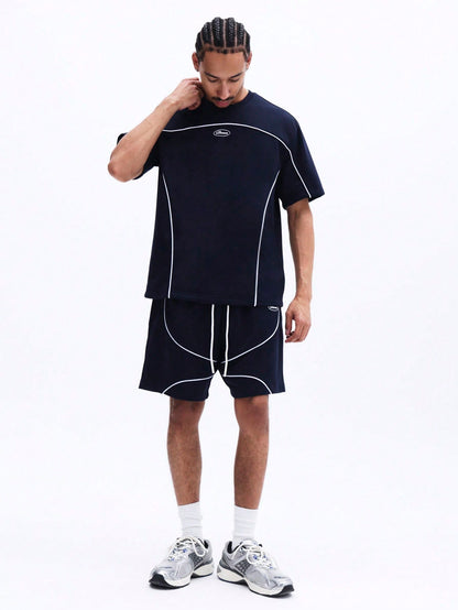Men's Navy Piping T-Shirt & Shorts Co-Ord Set