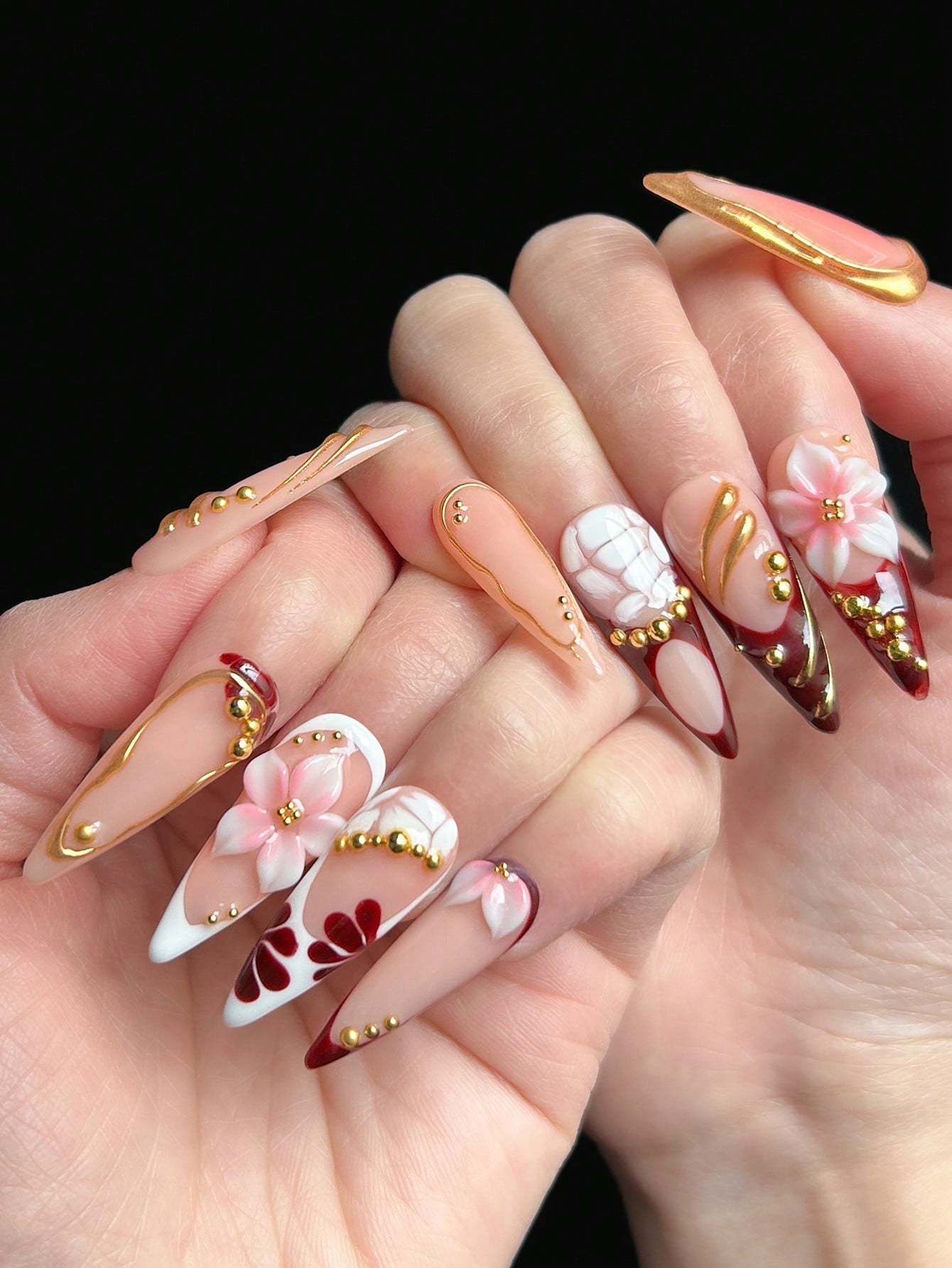 3D Flower Dark Red French Stiletto Press-On Nails