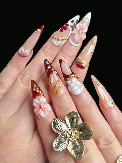 3D Flower Dark Red French Stiletto Press-On Nails