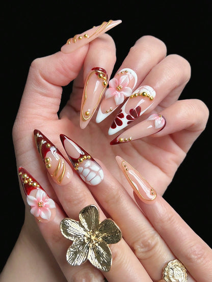 3D Flower Dark Red French Stiletto Press-On Nails