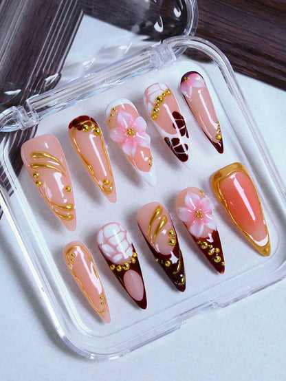 3D Flower Dark Red French Stiletto Press-On Nails