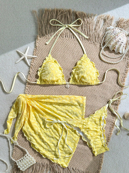 Yellow Floral Textured 3-Piece Pearl Bikini Set