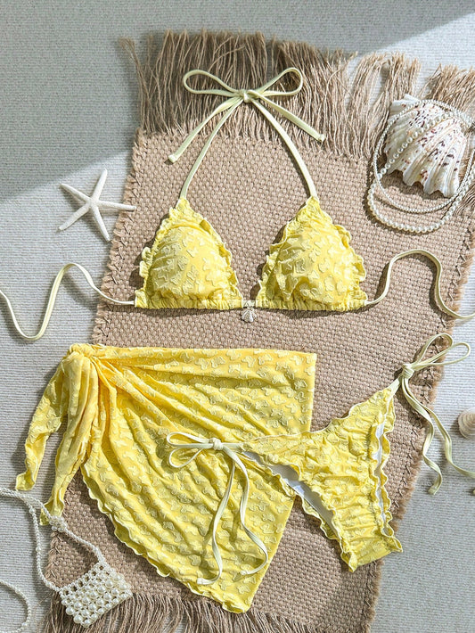 Yellow Floral Textured 3-Piece Pearl Bikini Set