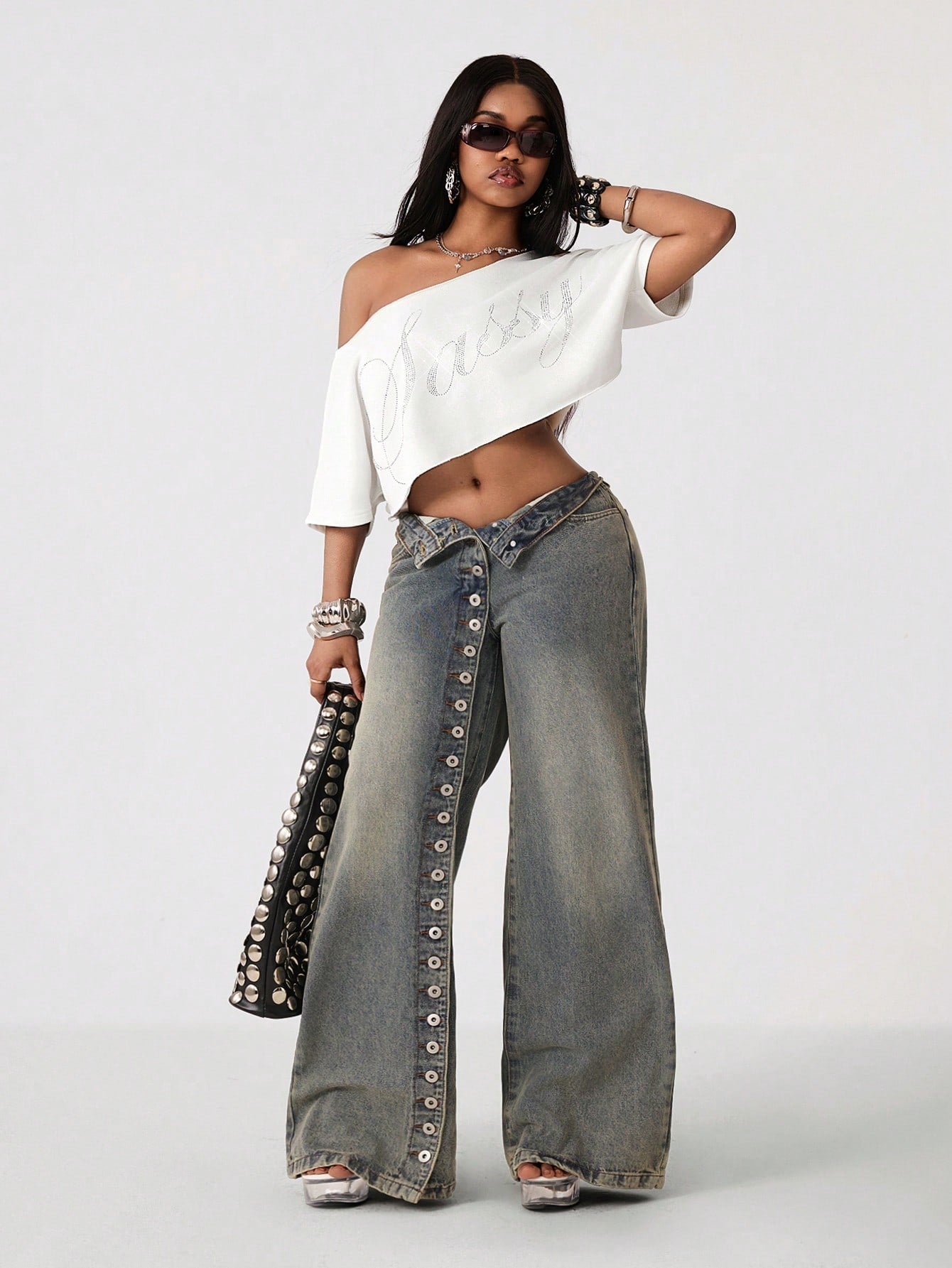 Women’s Y2K Slouchy Off-Shoulder Rhinestone Crop Tee