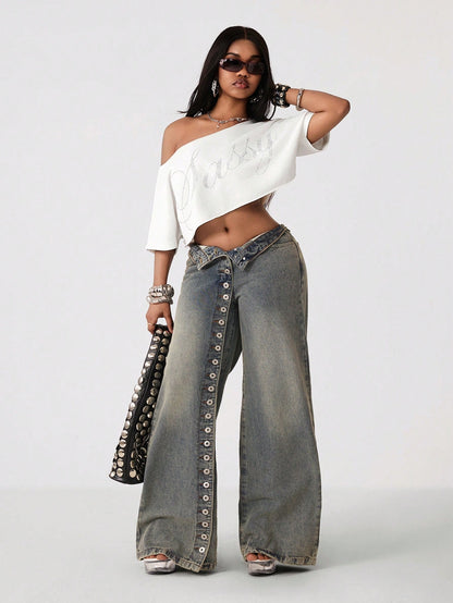 Women’s Y2K Slouchy Off-Shoulder Rhinestone Crop Tee