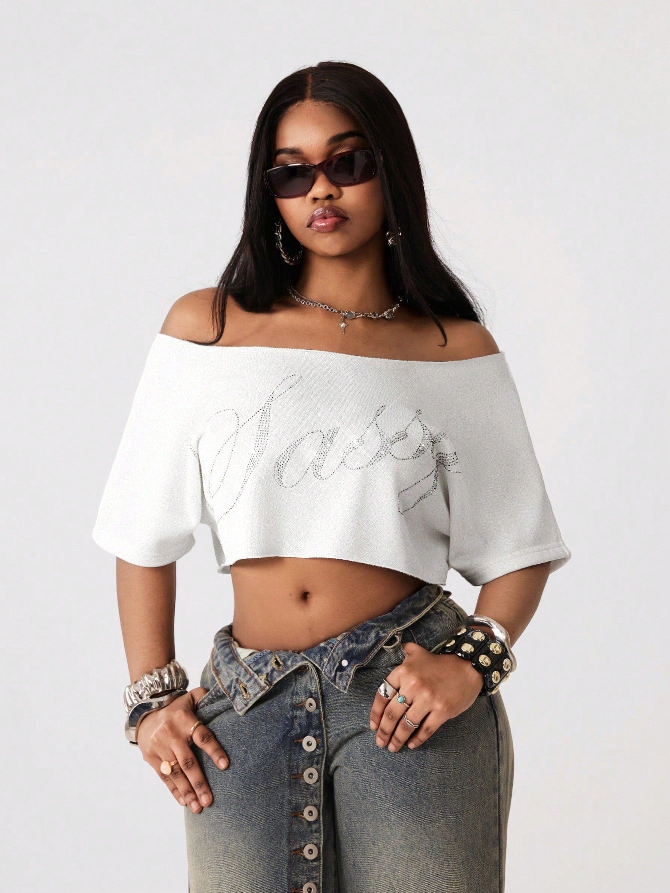 Women’s Y2K Slouchy Off-Shoulder Rhinestone Crop Tee