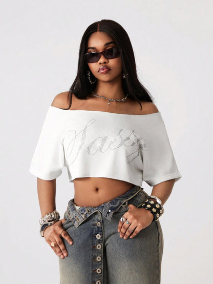 Women’s Y2K Slouchy Off-Shoulder Rhinestone Crop Tee