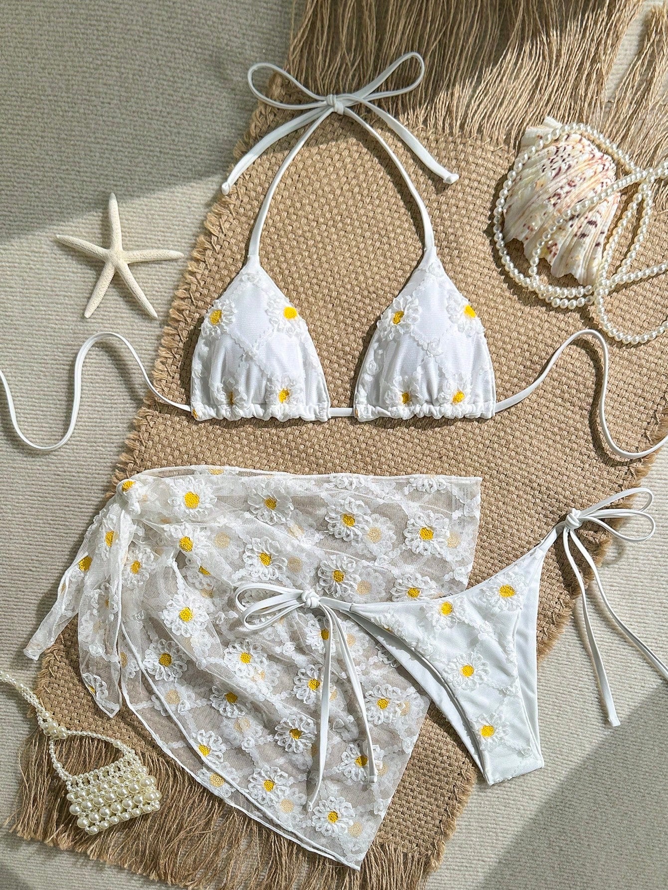 White Sequin Floral Bikini Set with Sarong Skirt