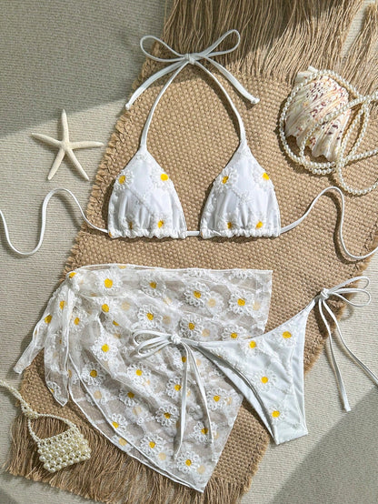 White Sequin Floral Bikini Set with Sarong Skirt