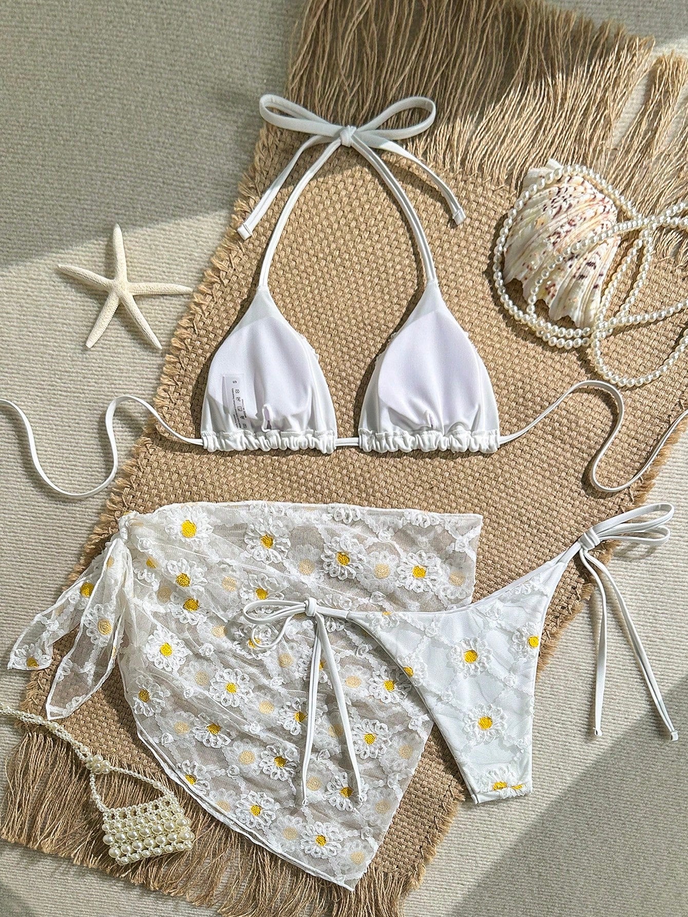 White Sequin Floral Bikini Set with Sarong Skirt